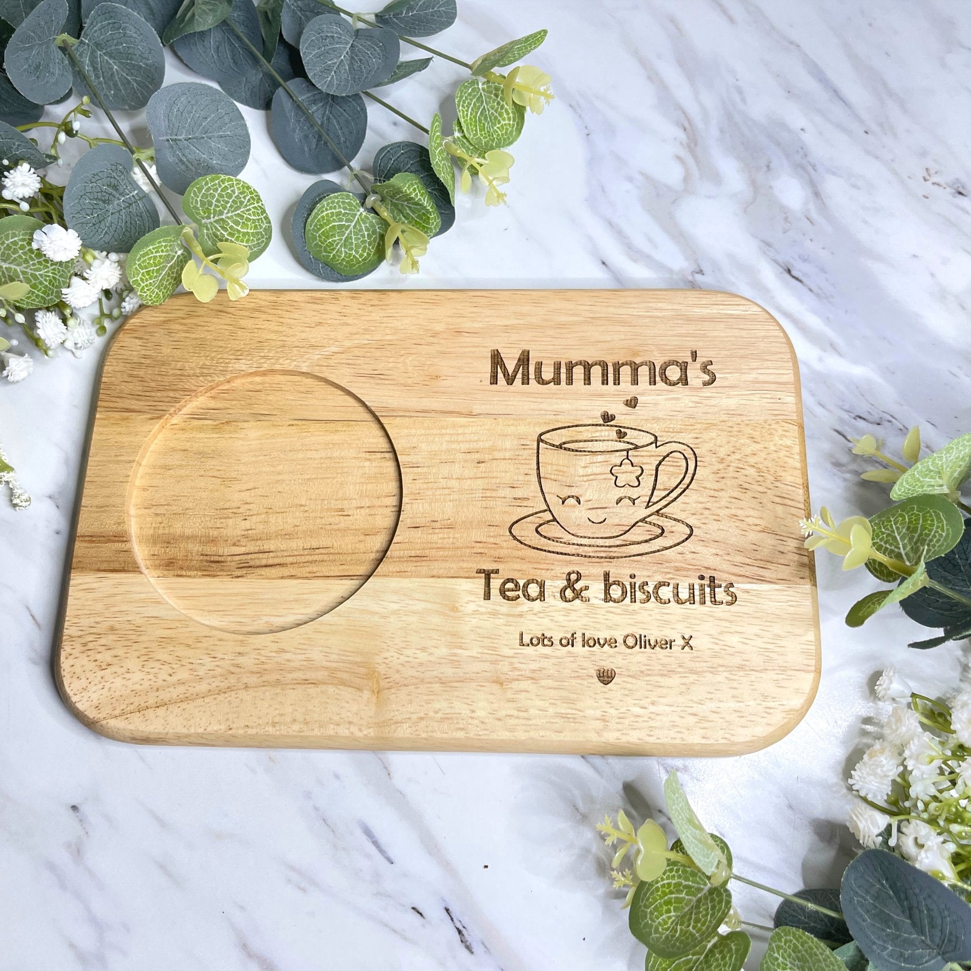 Personalised tea and biscuit boards, Laser engraved gift, personalise with name, message with cute tea cup engraved.