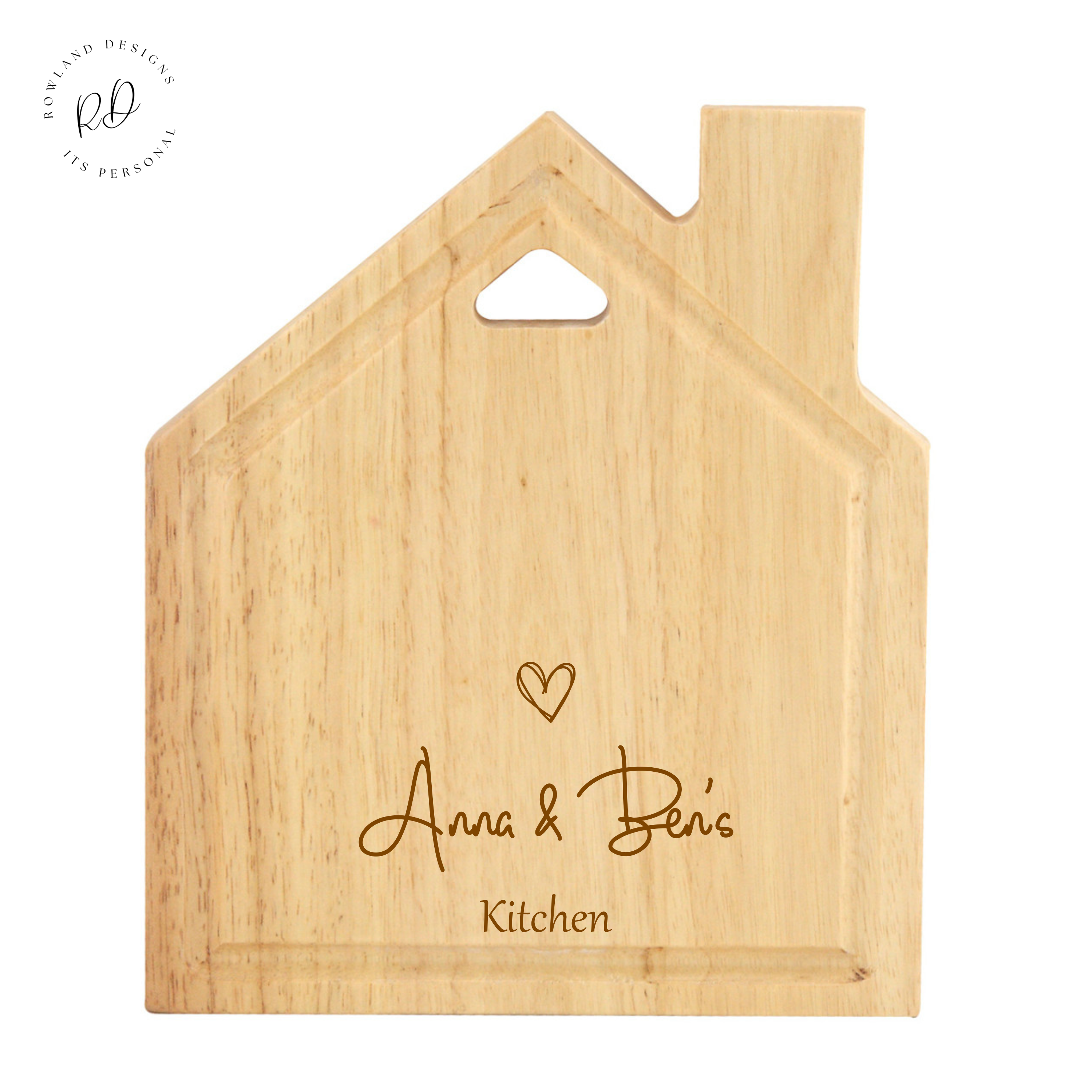 Personalised House Chopping Board: Custom engraved with heart motif and customizable text. Perfect for any occasion, from weddings to housewarmings.