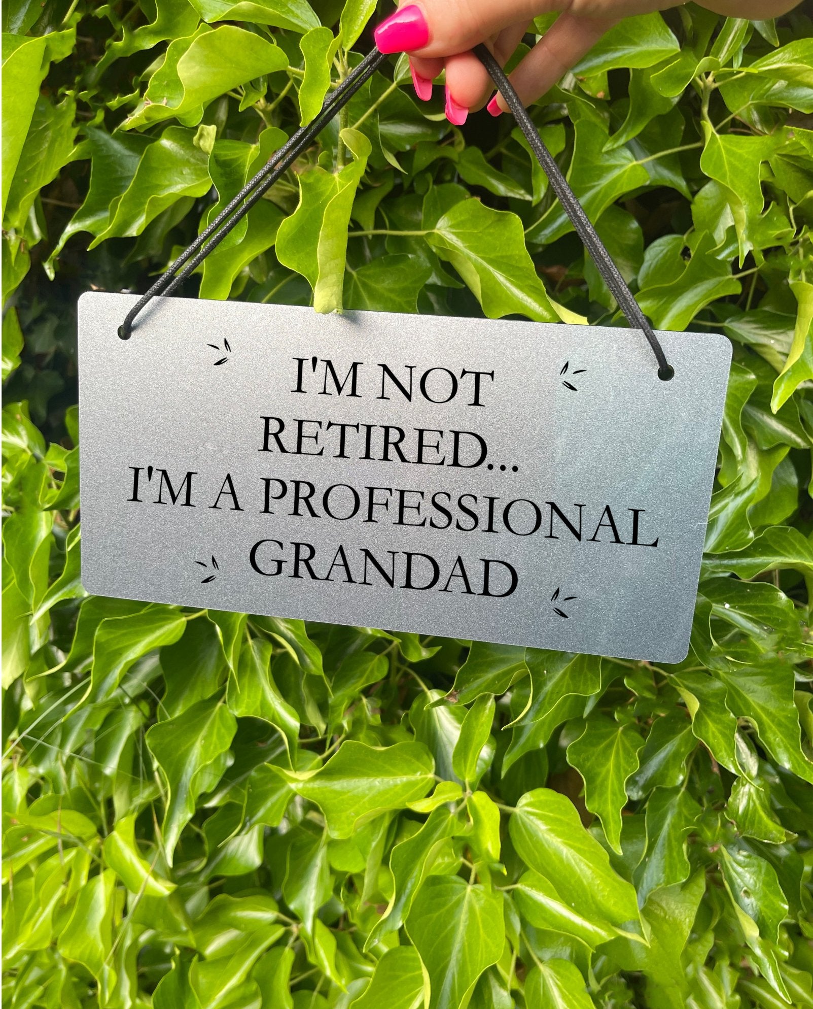 Silver Personalised Engraved Sign - 'I Am Not Retired, I Am a Professional Grandad' - Custom Acrylic Sign with Elegant Silver Finish, 220X110 Size, 3mm Acrylic Thickness, Black Engraving, Waterproof and Easy to Clean