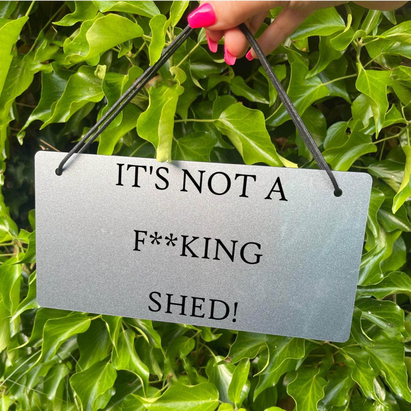  "'IT'S NOT A FKING SHED' Sign in Gold Color" Description: Close-up of a gold-colored acrylic sign featuring engraved text that reads "IT'S NOT A FKING SHED." The sign is made from high-quality 3mm thick acrylic and has 5mm holes for easy hanging.
