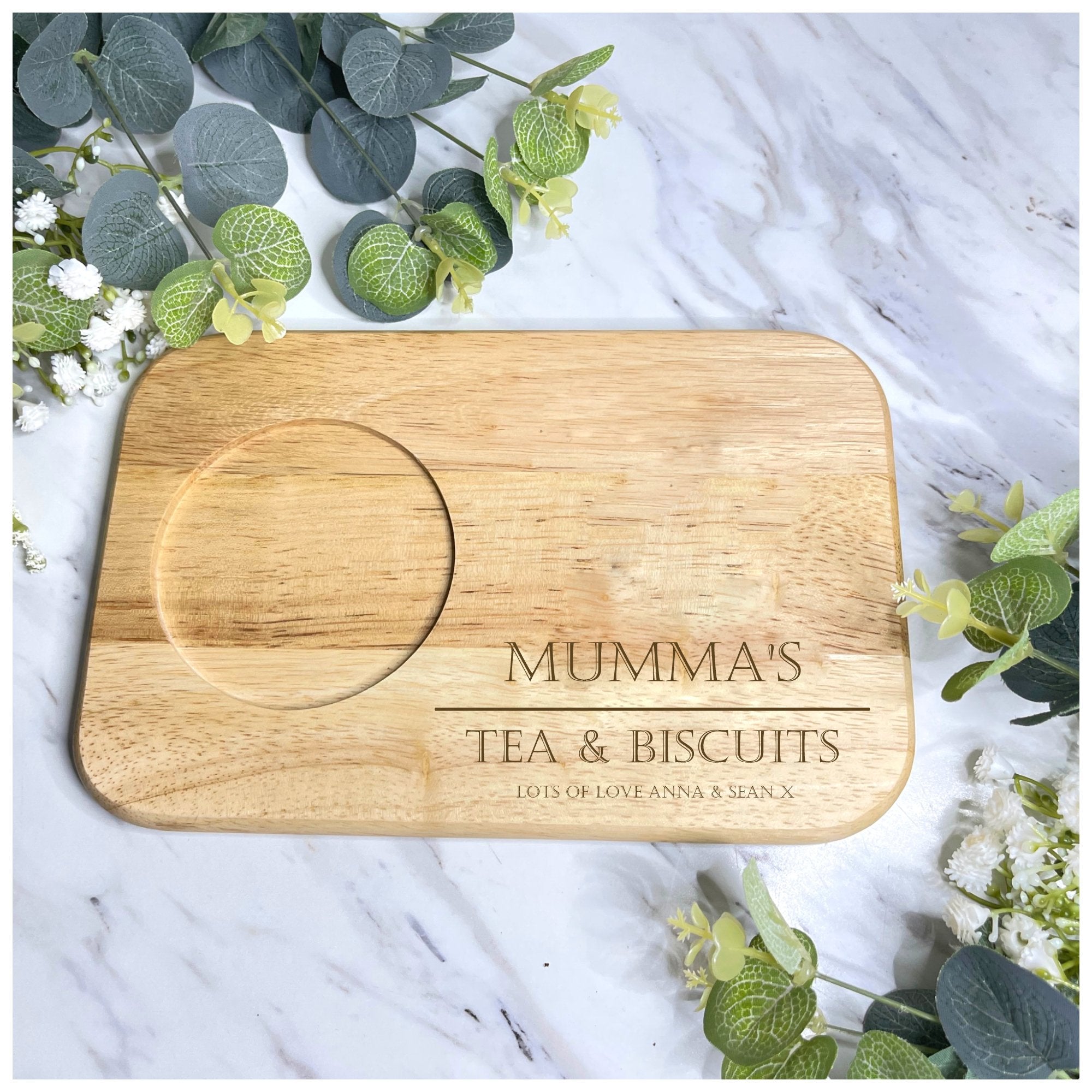 Additional images of the Tea & Biscuit Board, showcasing its exquisite craftsmanship and engraved details. Perfect for gifting on occasions like Mother's Day, birthdays, and Christmas. Board dimensions: 23cm x 15cm x 1.5cm, ideal for hosting elegant afternoon teas.
