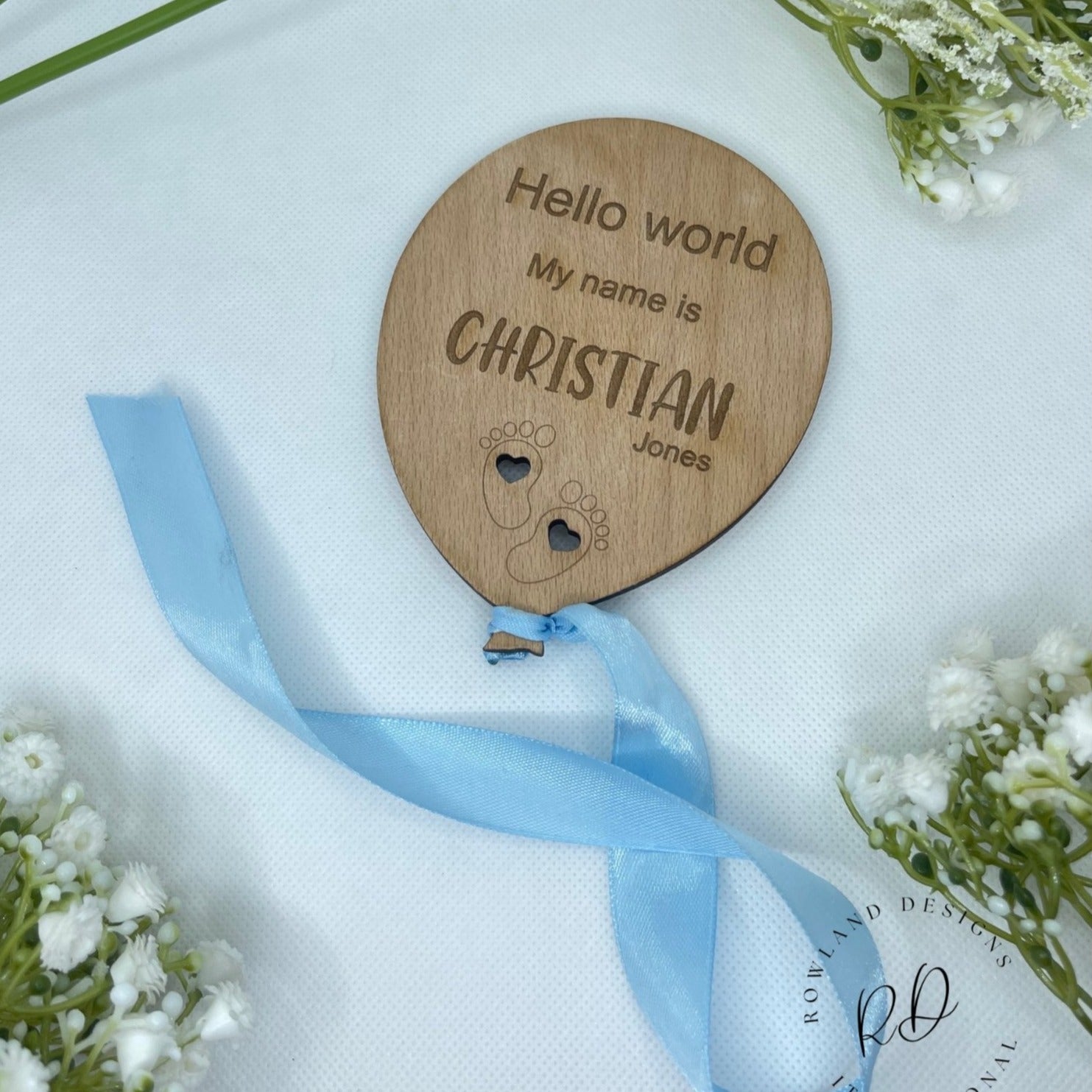 Balloon Shaped Baby Announcement in cherry veneer, perfect for baby showers.