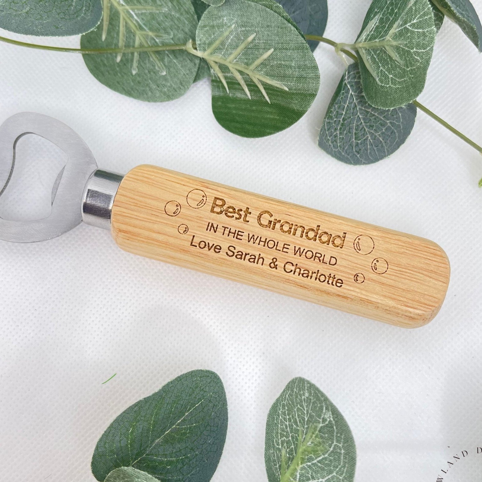 Personalised Wooden Handle Bottle Opener with Stainless Steel Metal Part.