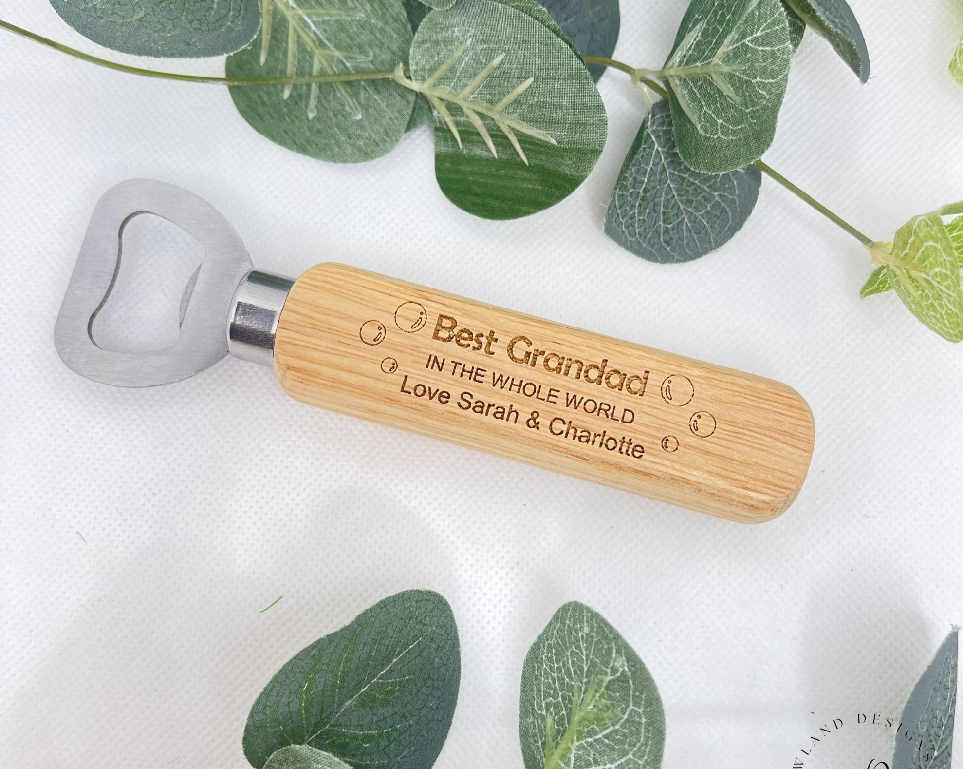 Personalised Wooden Handle Bottle Opener with Stainless Steel Metal Part.