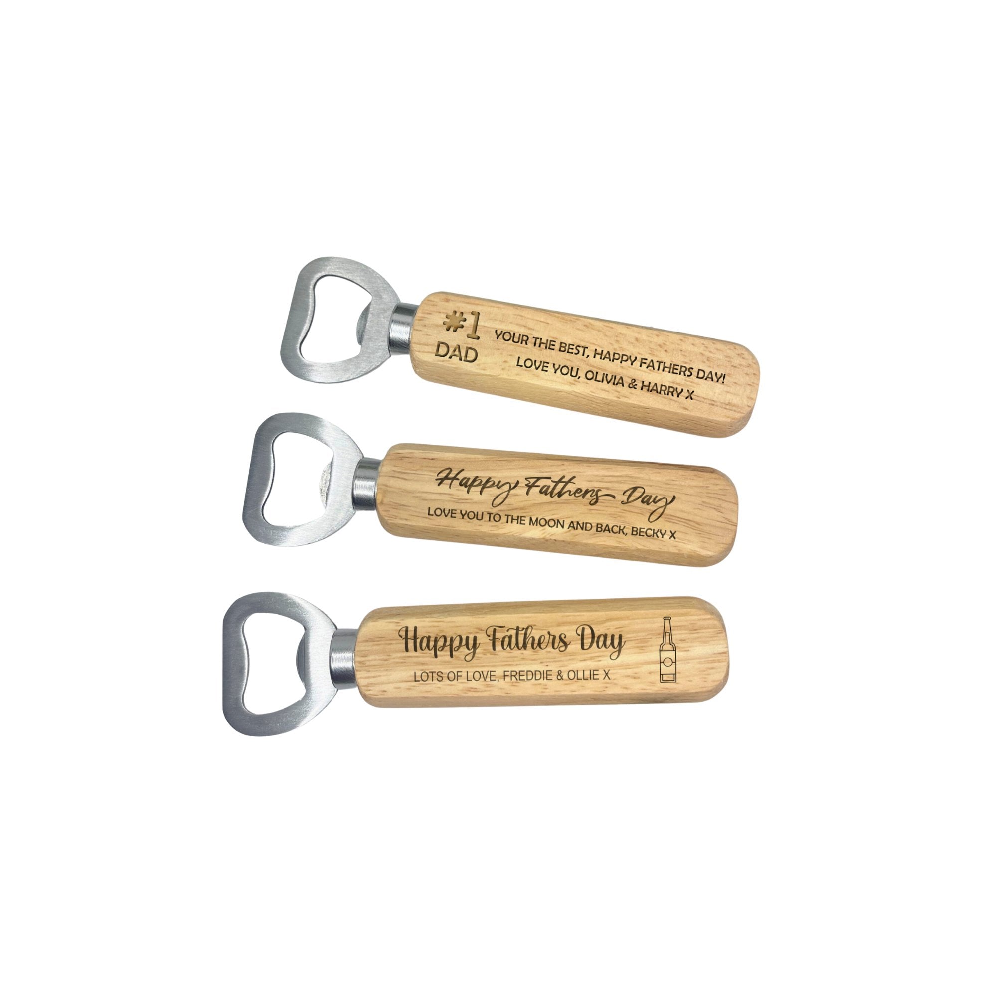 Explore unique and thoughtful Father's Day gifts like our custom wooden bottle opener, personalized with your dad's name and a special message.