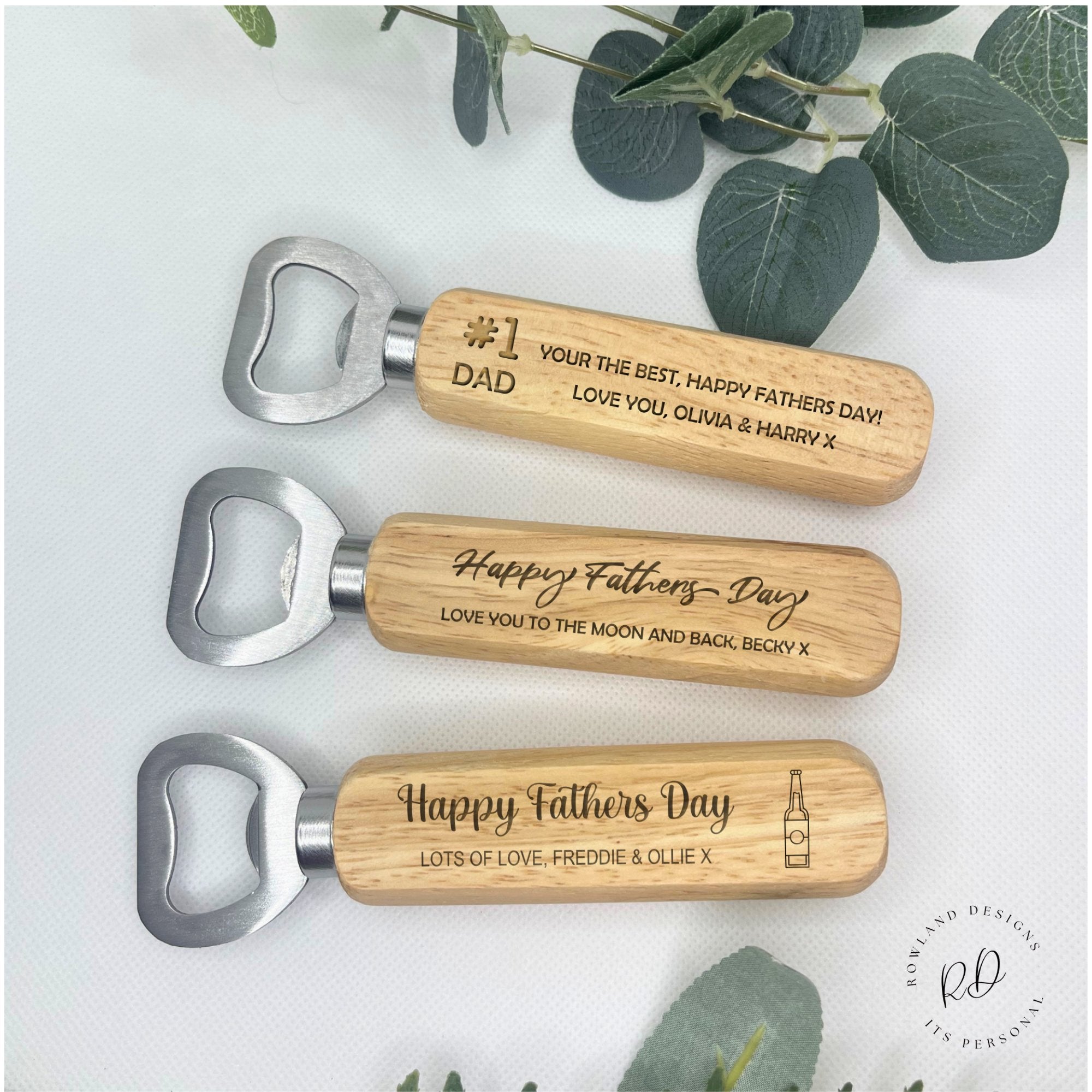 Personalised wooden bottle opener made from high-quality wood, featuring a custom engraved name and special message. The bottle opener is prominently displayed and the detailed wood grain is visible. Also shown is the metal part of the opener, demonstrating its functionality. The product is pictured in a homely setting, highlighting its ideal use for family gatherings and daily use. The image includes a Father's Day theme with associated graphics such as ties and beer mugs.