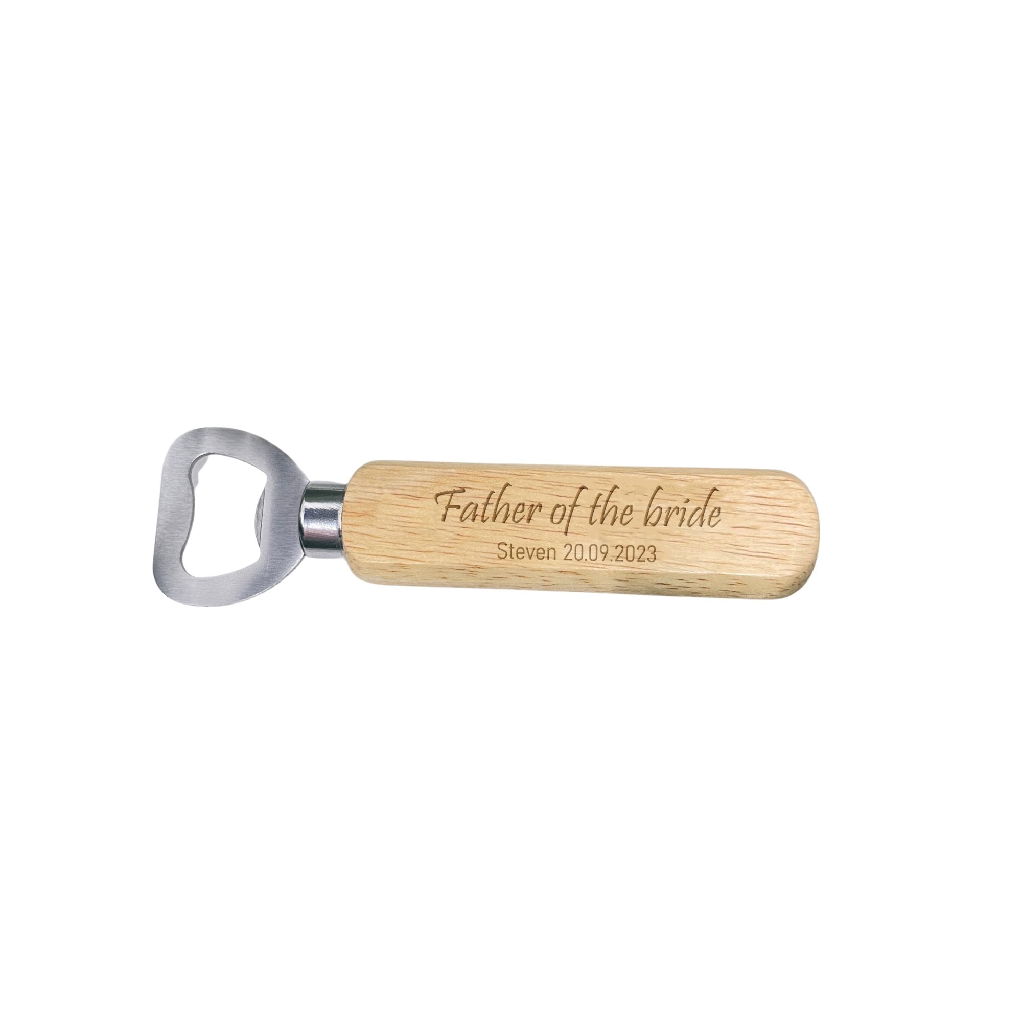 Custom laser-engraved wooden bottle openers featuring name, title, and wedding date.