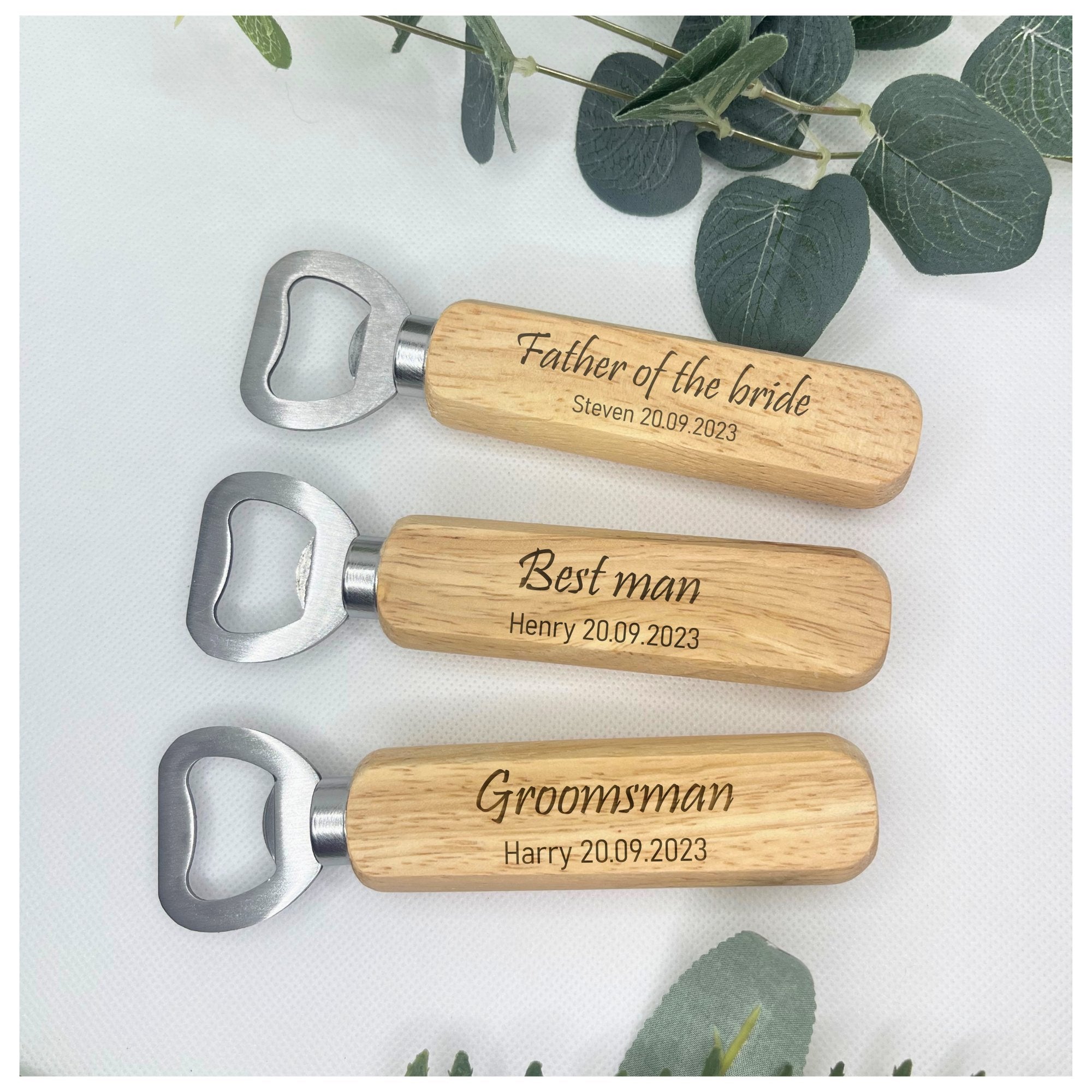 A thoughtful wedding gift - a custom engraved bottle opener with the couple's details.