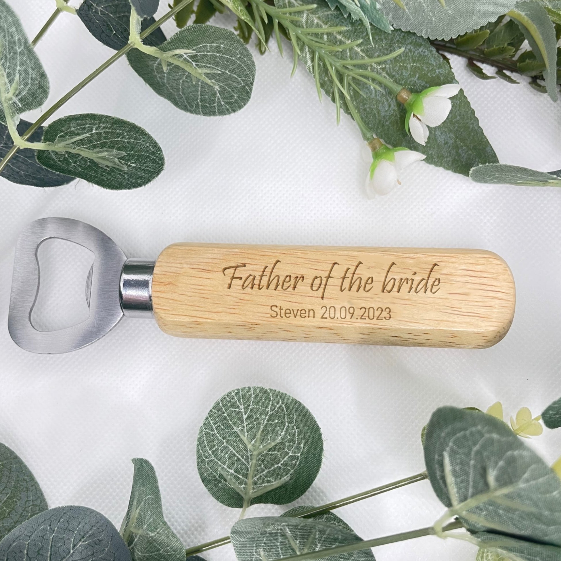 Stylishly designed wooden bottle opener with laser-engraved name, title, and wedding date.
