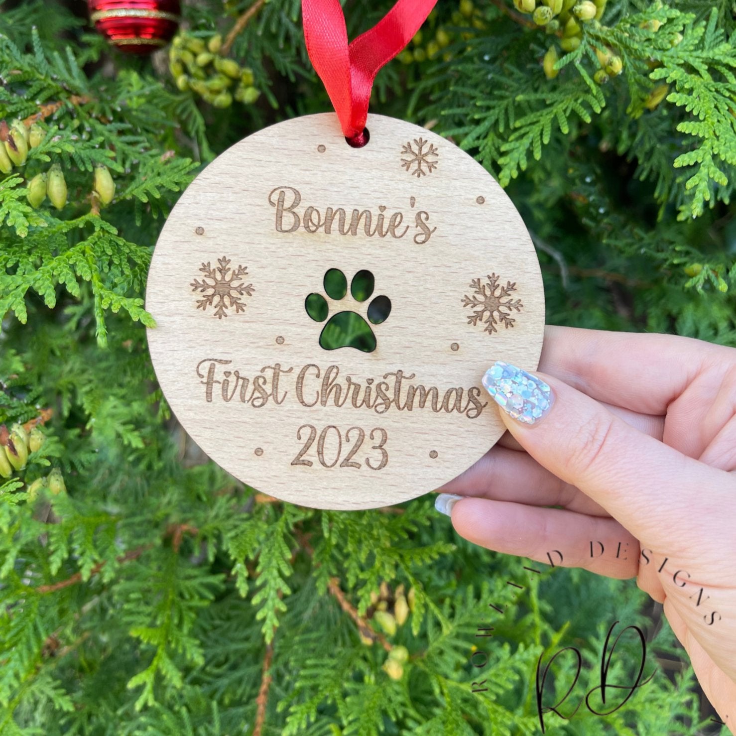 Rustic First Christmas Bauble for Your Pup, Engraved with Name and Year, Paw Print Cut out, Made from Natural Wood