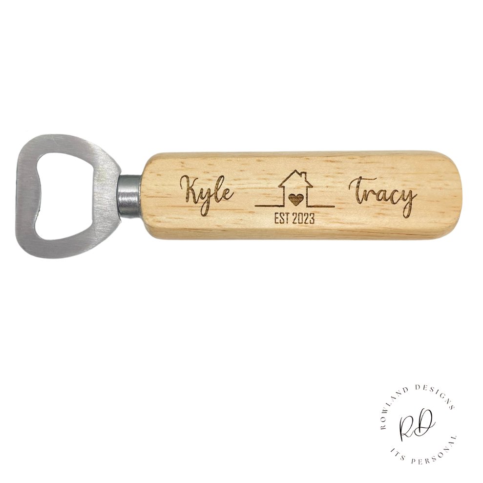 Personalised EST bottle opener, what a wonderful gift for a housewarming / couple prezzie. Laser engraved in house. Each bottle opener personalised with the couples name in this special font, please have a look at the picture for A-Z’s for reference.
