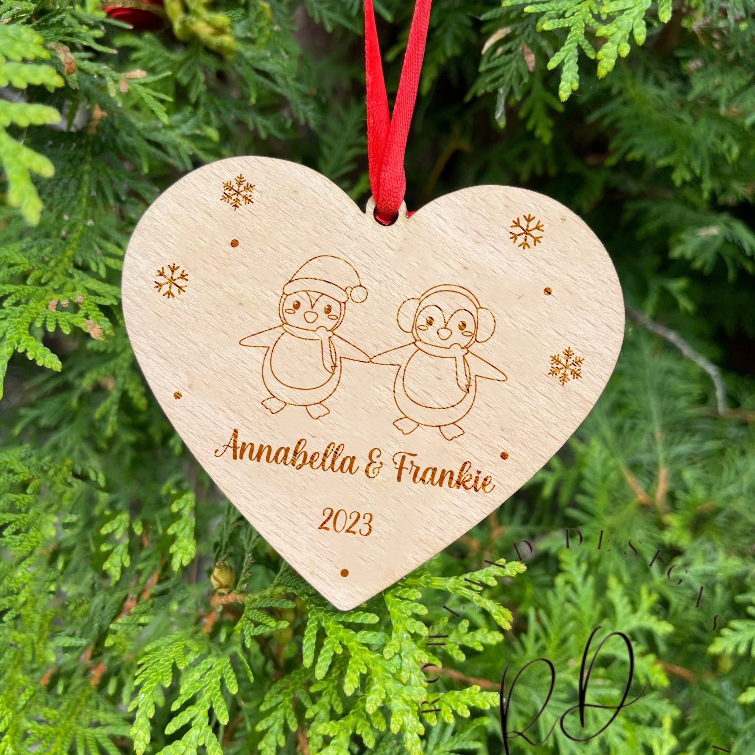Custom Engraved Names and Year on Premium Beech Wood Christmas Bauble
