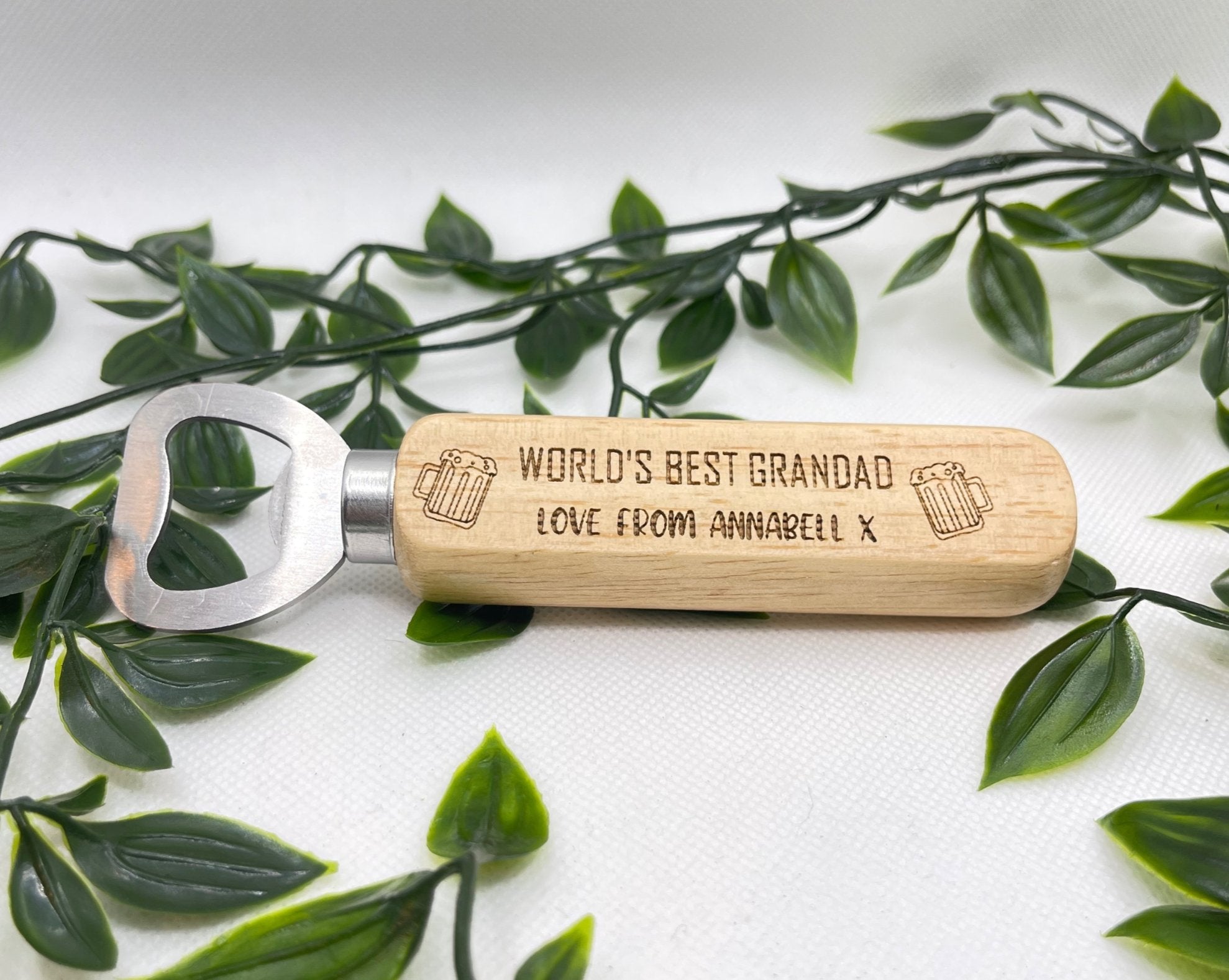 Stylish Personalised Wooden Bottle Opener - Crafted from premium wood and stainless steel - Customise with 'World's Best' engraving - Add a special 'love from' message - Whimsical beer jug icon - A thoughtful and unique gift for any occasion.
