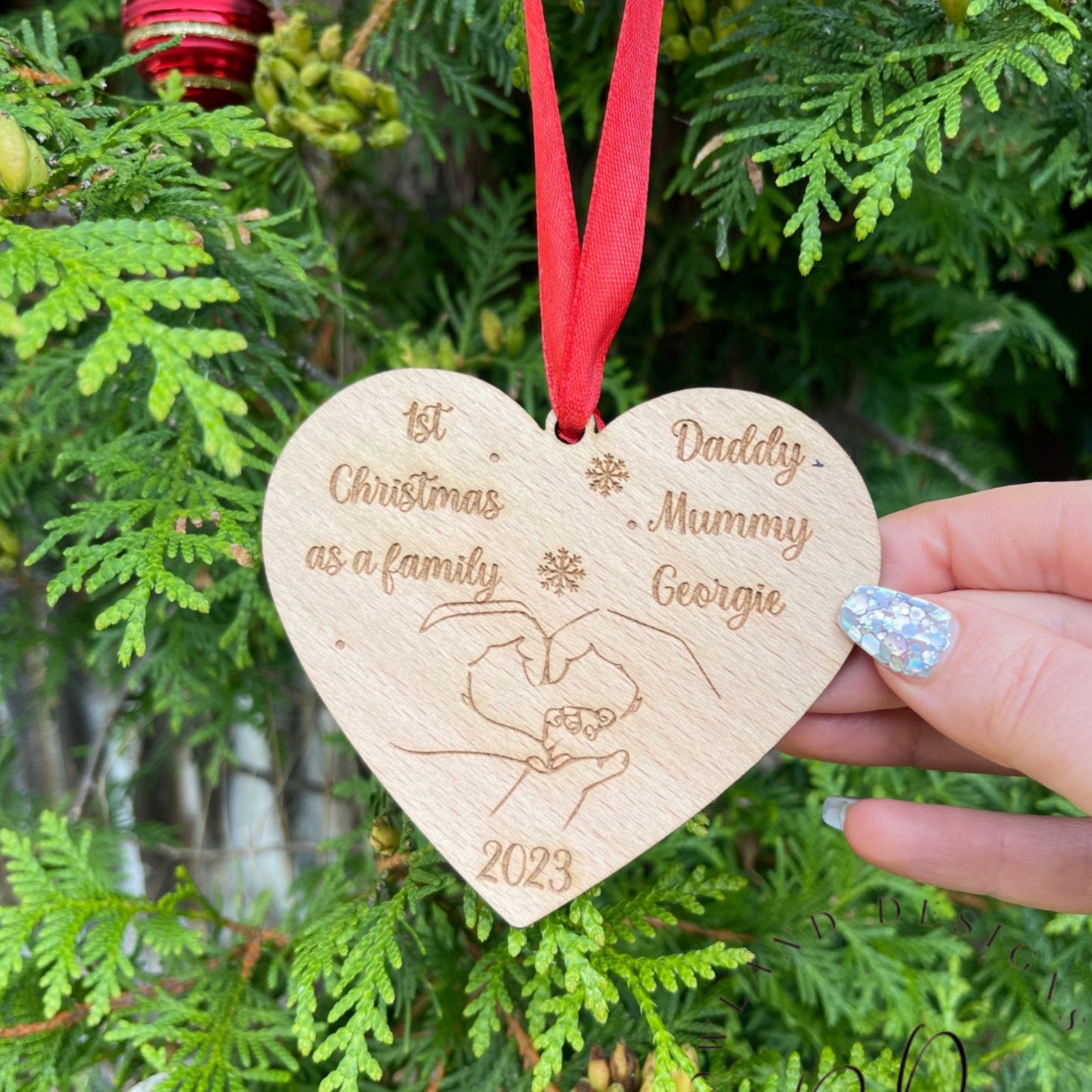 Personalised Wooden Heart Shaped Christmas Bauble - 1st Christmas as a Family