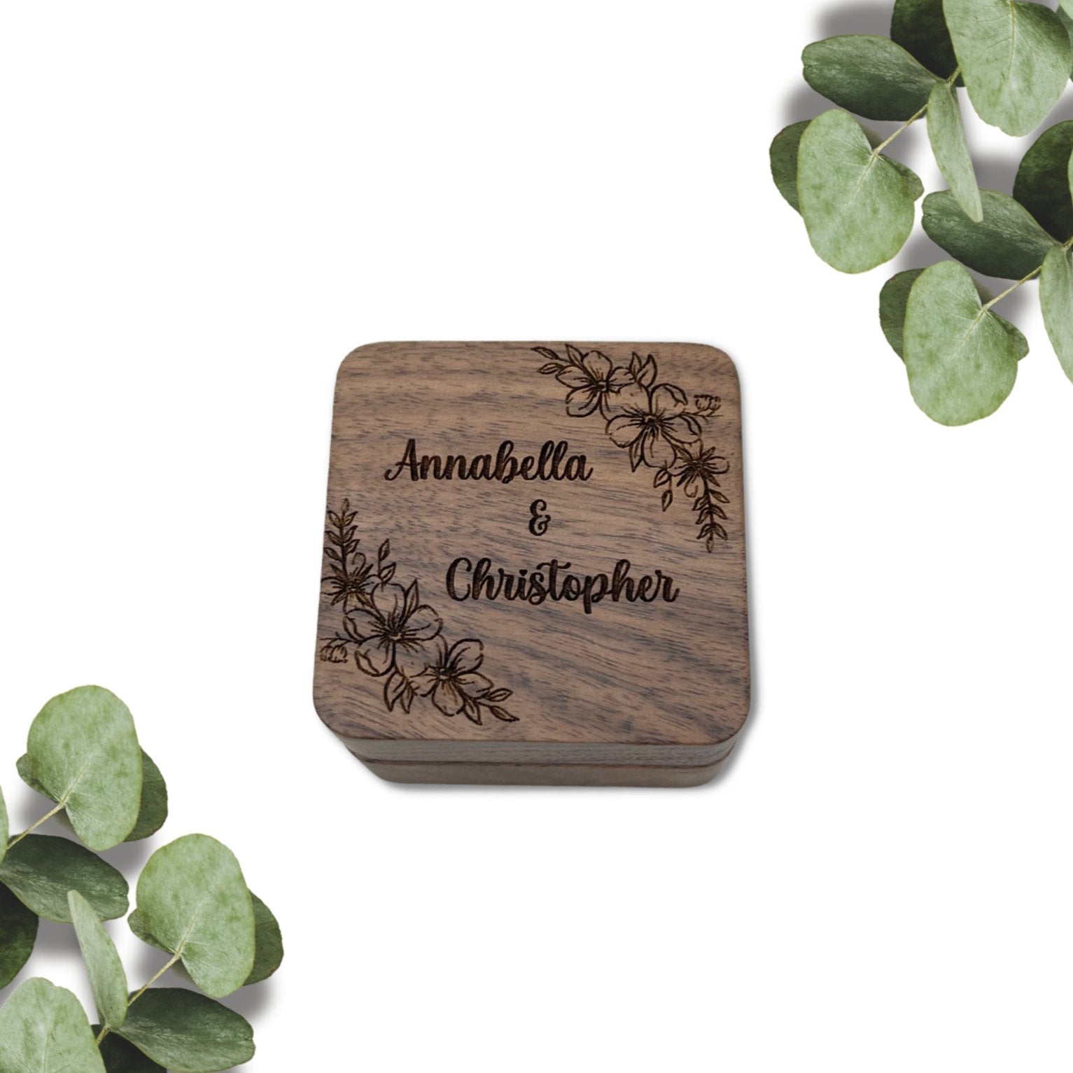 Personalised Double Slot Wooden Ring Box.  This rustic ring box is perfect for you and your soon to be.   Personalise your ring box with two names of your choice. (max characters per name is 15)  Size - Size: 5.5*5.5*4 cm