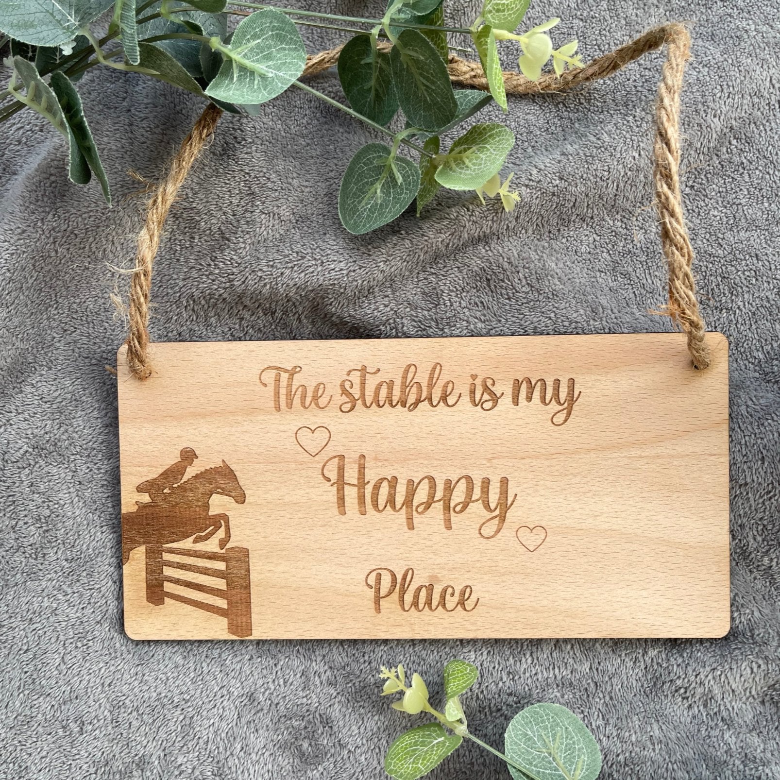 Laser-Engraved Wooden Beech Veneer Sign with Pony and Jump Design, displaying the phrase 'The Stable Is My Happy Place.' Ideal equestrian decor for indoor spaces.