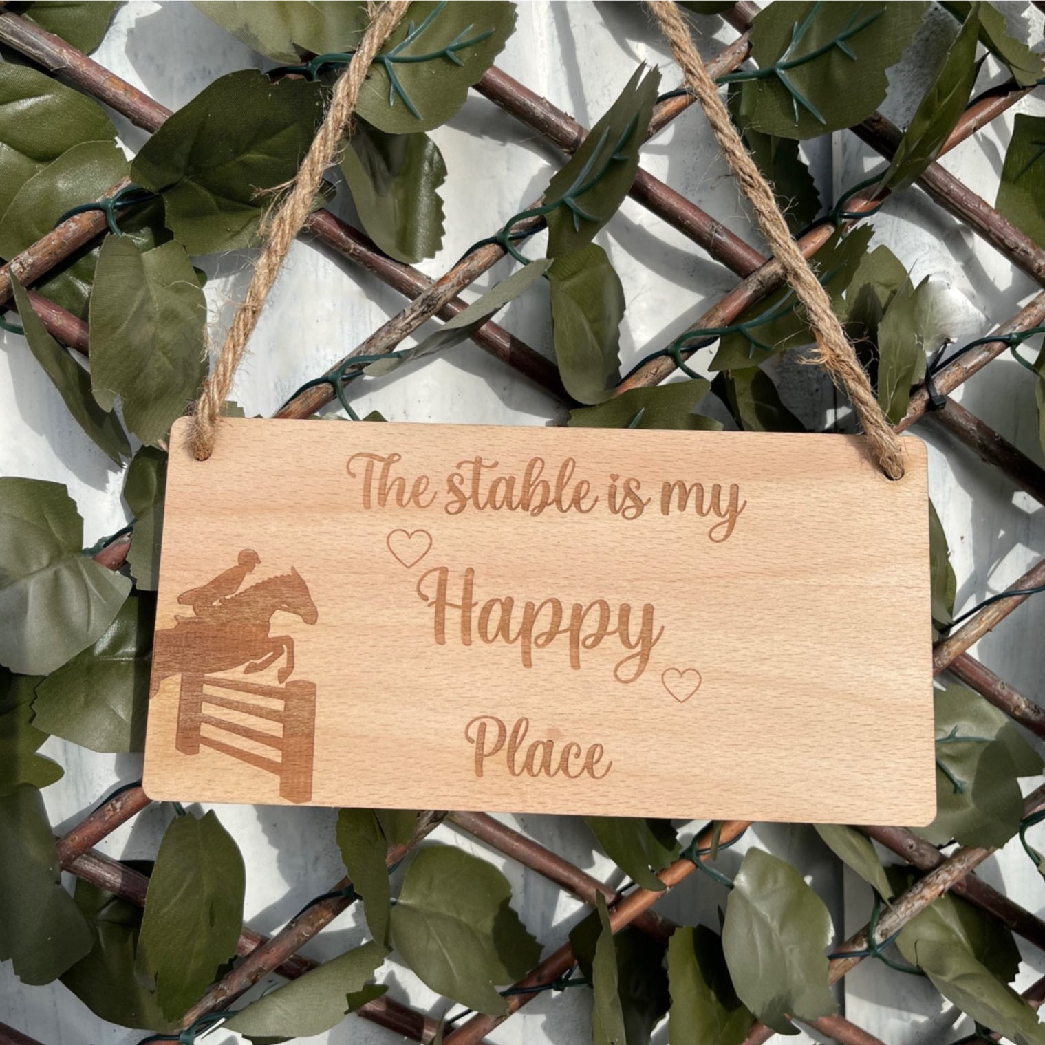 Laser-Engraved Wooden Beech Veneer Sign with Pony and Jump Design, displaying the phrase 'The Stable Is My Happy Place.' Ideal equestrian decor for indoor spaces.