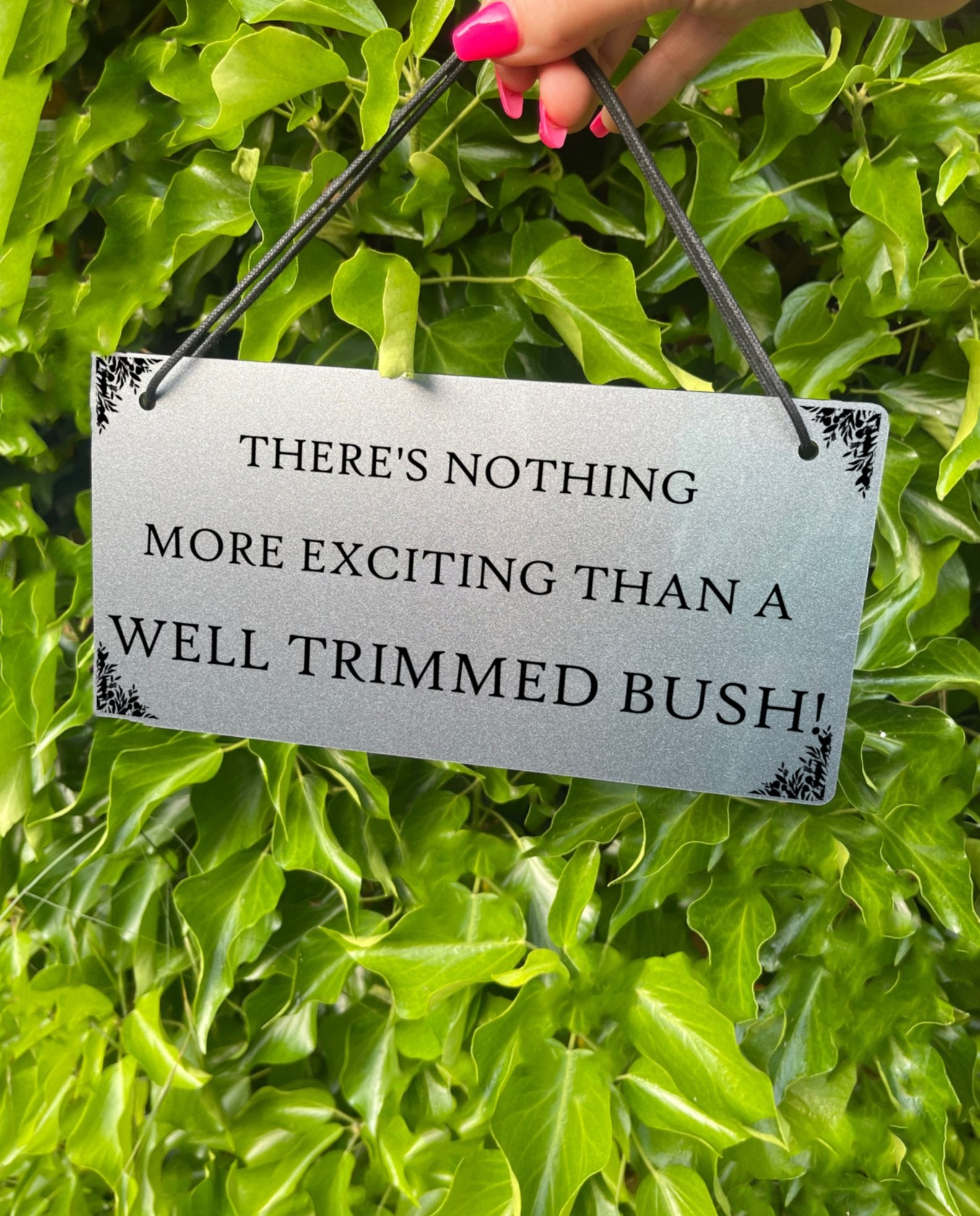 Image of "There's Nothing More Exciting Than A Well Trimmed Bush" sign: Alt Text: "A rectangular sign made of acrylic material with engraved text and a leaf design. The text is witty and humorous, adding charm to any space."