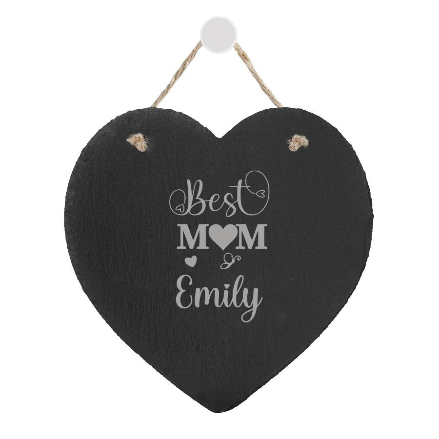 Engraved Slate Heart Keepsake for Mum - A heart-shaped piece of natural slate engraved with " Best Mum" above a personalized message. It hangs from a rustic rope loop and features a unique texture and natural variations.