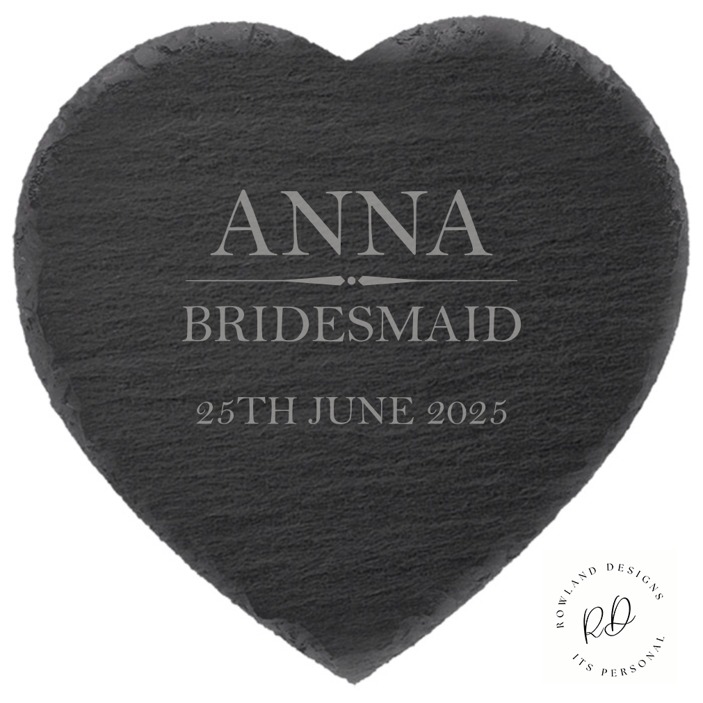 Heritage Wedding Personalised Heart Slate Coaster - A heart-shaped slate coaster personalised with expert engraving. Perfect for adding a name, wedding role, and date. Crafted from natural slate with a unique appearance.