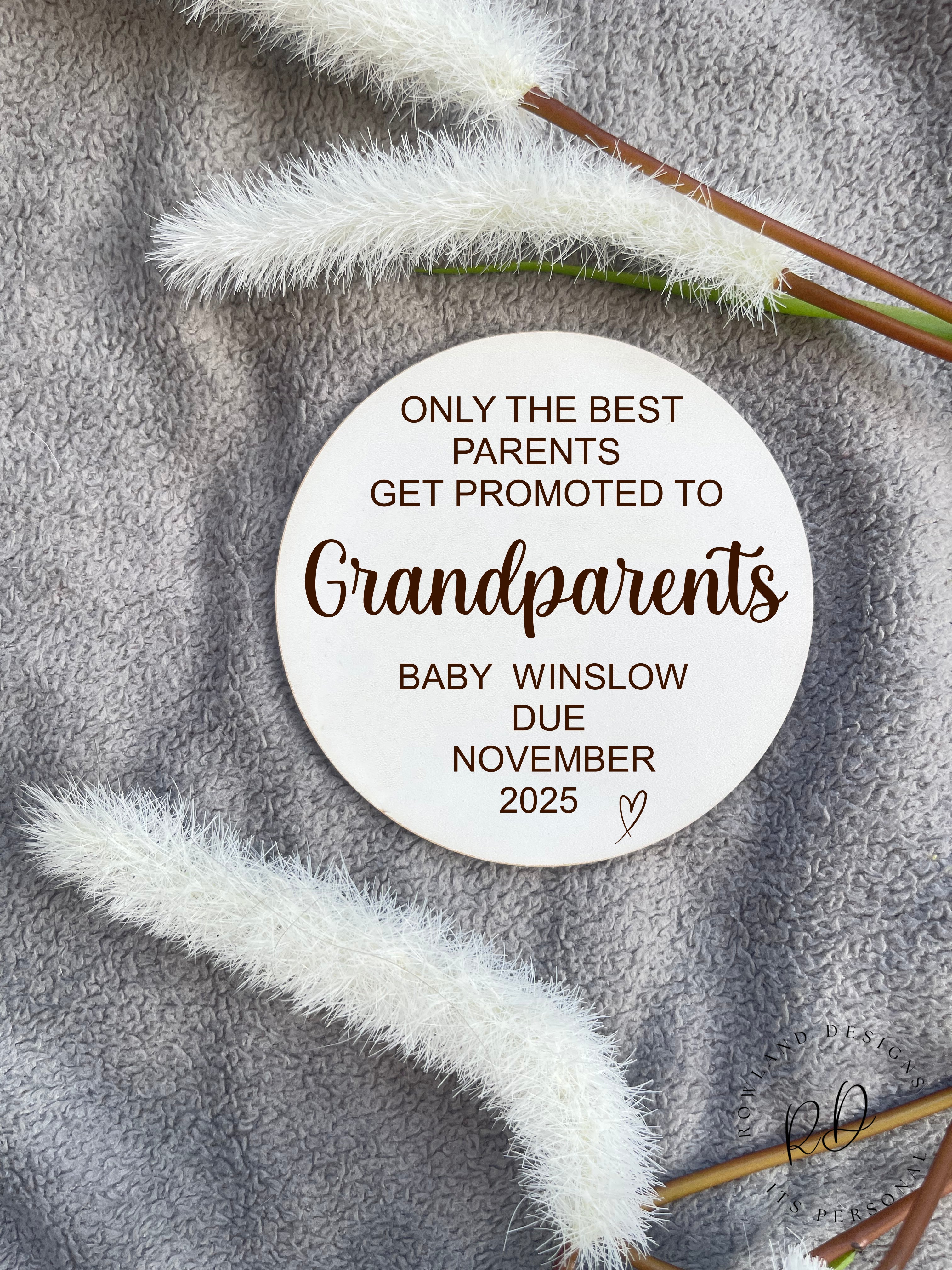 Only The Best Parents Get Promoted To Grandparents Baby Announcement Plaque – Custom engraved with surname and due date, made from Beech wood or white MDF.