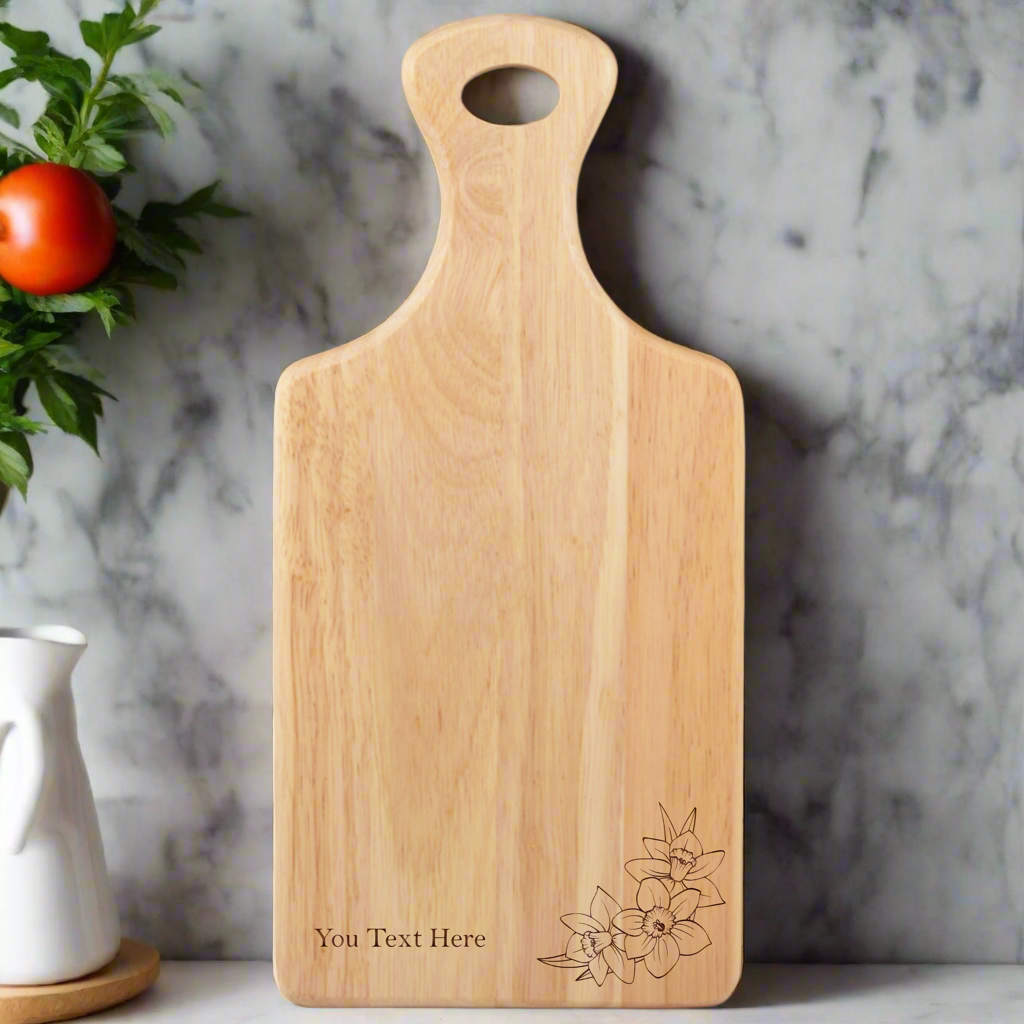 Personalised Daffodil Engraved Serving Board made from wood, perfect for gifts and special occasions. Spring design 