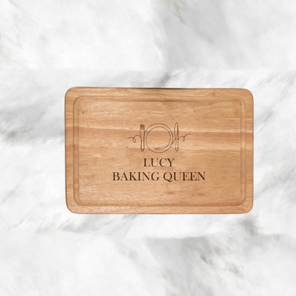 Explore our Shopify store for a Personalized Chopping Board Knife & Fork Design, 300x200mm. Custom engraving - 2 lines, 20 characters each. Robust wood, perfect for gifting!