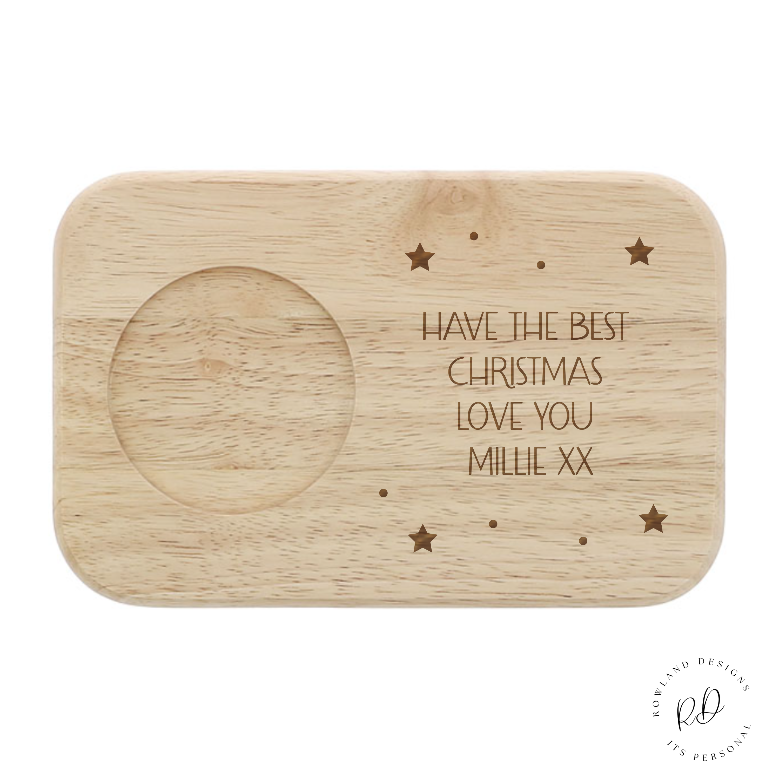 Image of a Personalised Christmas Tea & Biscuit Board, crafted from high-quality wood with a custom engraved message. Ideal for enjoying festive hot drinks and snacks.