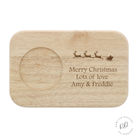 Image of a Personalised Santa's Tea & Biscuit Board for Christmas, adorned with a festive Santa print and designed with a secure drink slot and ample space for biscuits.