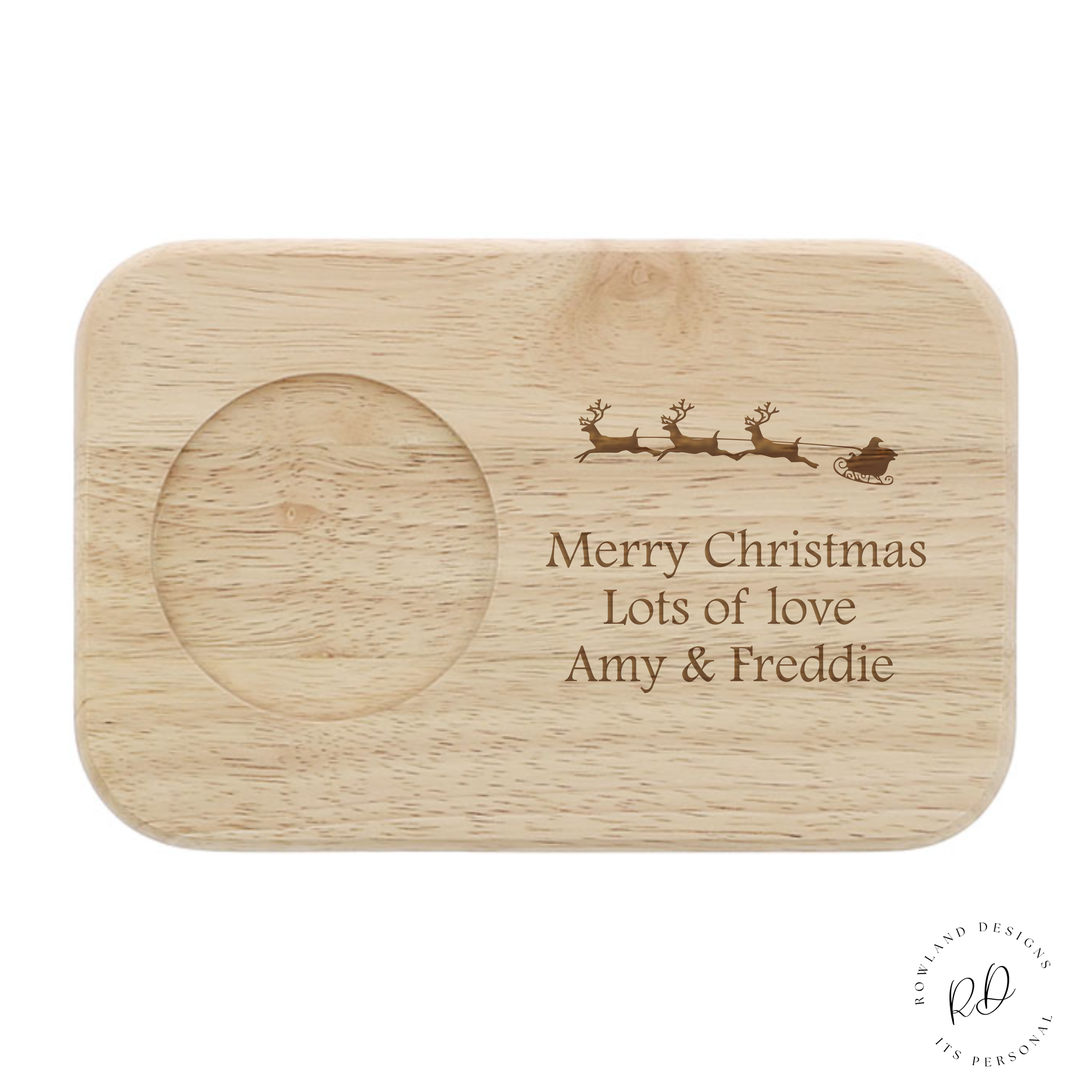 Image of a Personalised Santa's Tea & Biscuit Board for Christmas, adorned with a festive Santa print and designed with a secure drink slot and ample space for biscuits.