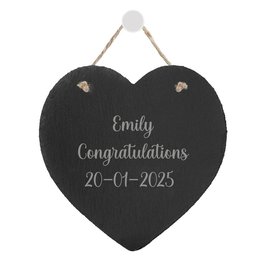 Engraved Heart Slate Keepsake - Congratulations - A 15cm by 15cm heart-shaped slate keepsake with custom engraving. Perfect for commemorating achievements with a personalized congratulatory message.