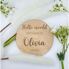 Personalised Baby Announcement Plaque crafted from beech veneer, ideal for newborn photos and a thoughtful gift for new parents.