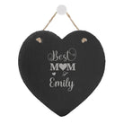 Personalized "The Best Mum" Slate Heart - A handcrafted slate heart ornament with " Best Mum" engraved at the top, customisable with your own message below. Includes a rustic rope for hanging.