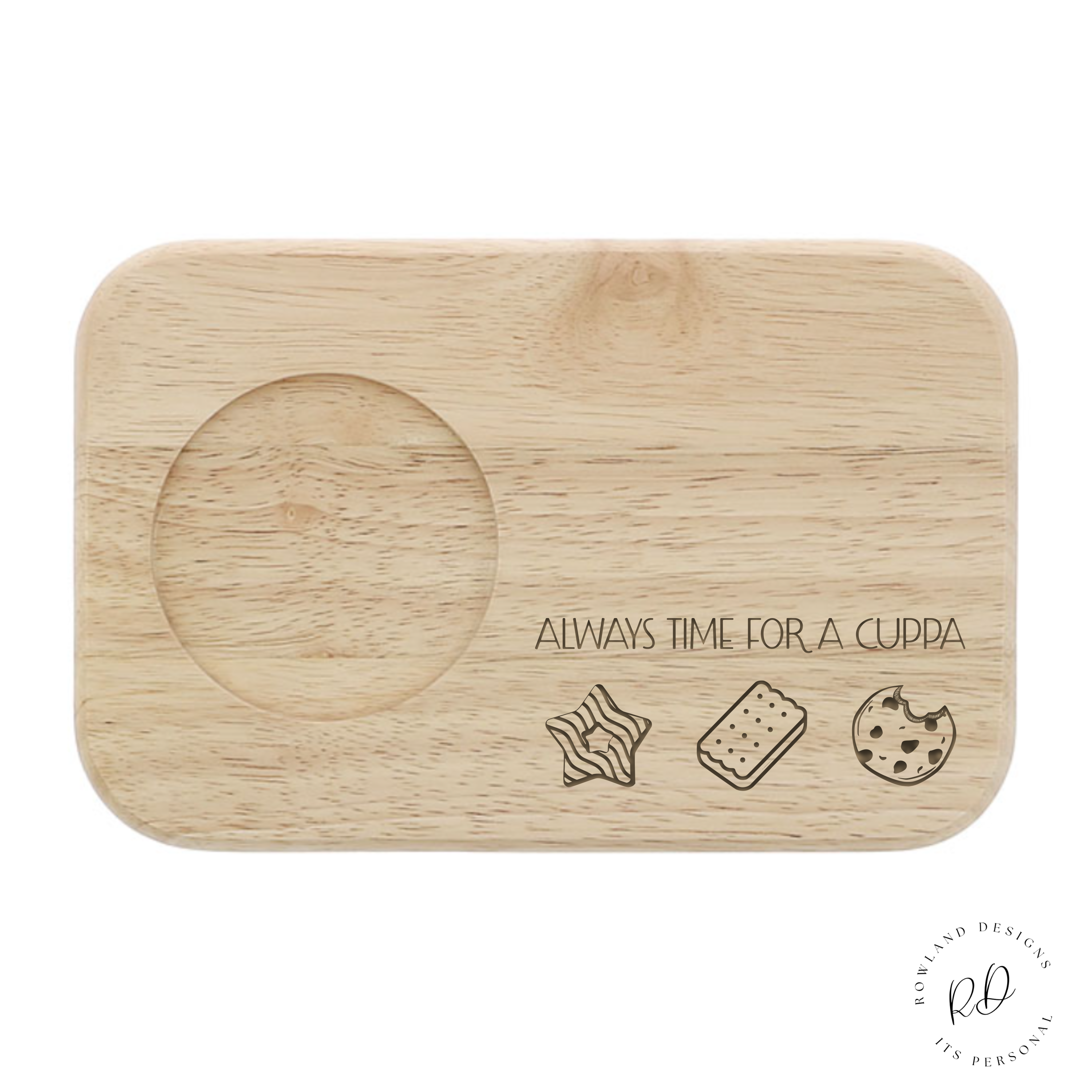 A wooden tea and biscuits board with an engraved biscuit motif, perfect for sharing tea and treats with a personal touch.