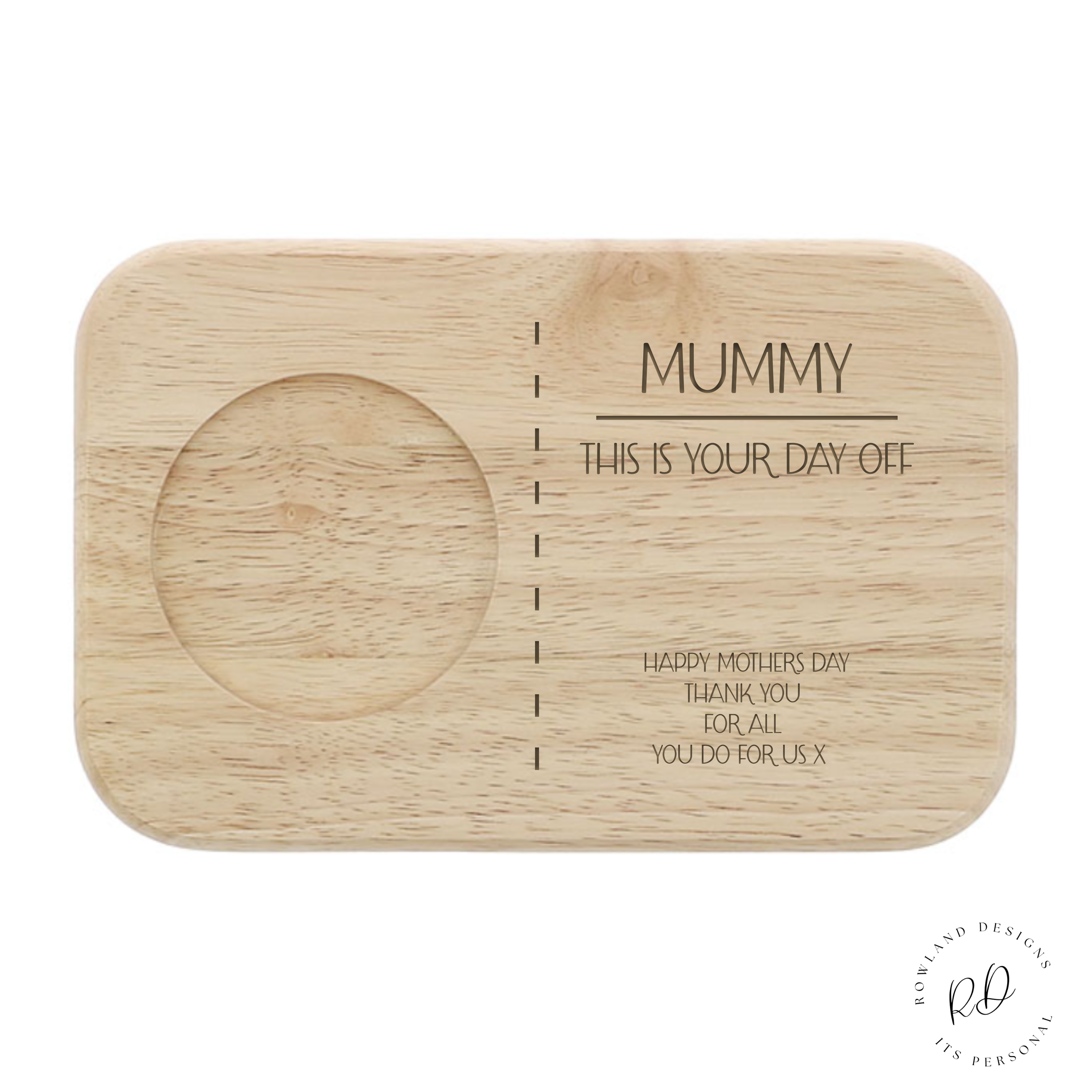 A Personalised Mother’s Day Tea & Biscuit Board made from durable wood, featuring a slot to securely hold a hot drink. The board is engraved with a heartfelt message, creating a meaningful and custom gift. It's perfect for giving mums a special way to enjoy their favorite snacks and unwind, making tea and biscuit time even more delightful.