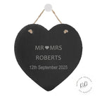 Personalised Mr. and Mrs. Slate Heart made from natural slate, featuring unique textures and variations, ideal post-honeymoon gift for newlyweds.