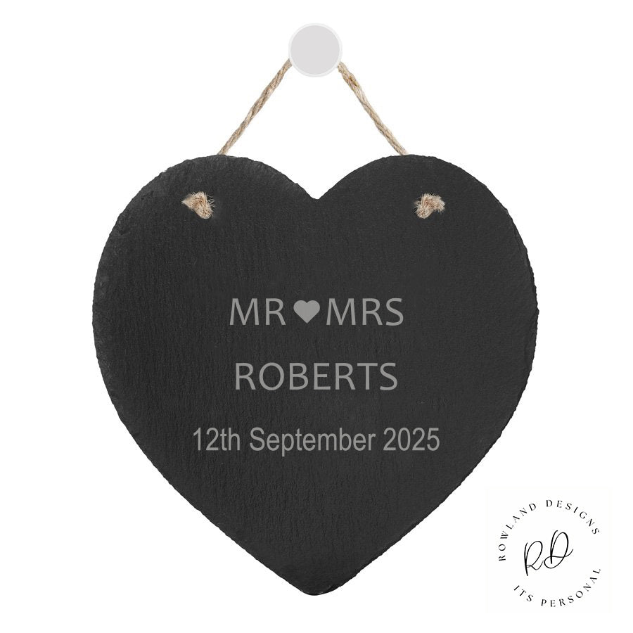 Personalised Mr. and Mrs. Slate Heart made from natural slate, featuring unique textures and variations, ideal post-honeymoon gift for newlyweds.