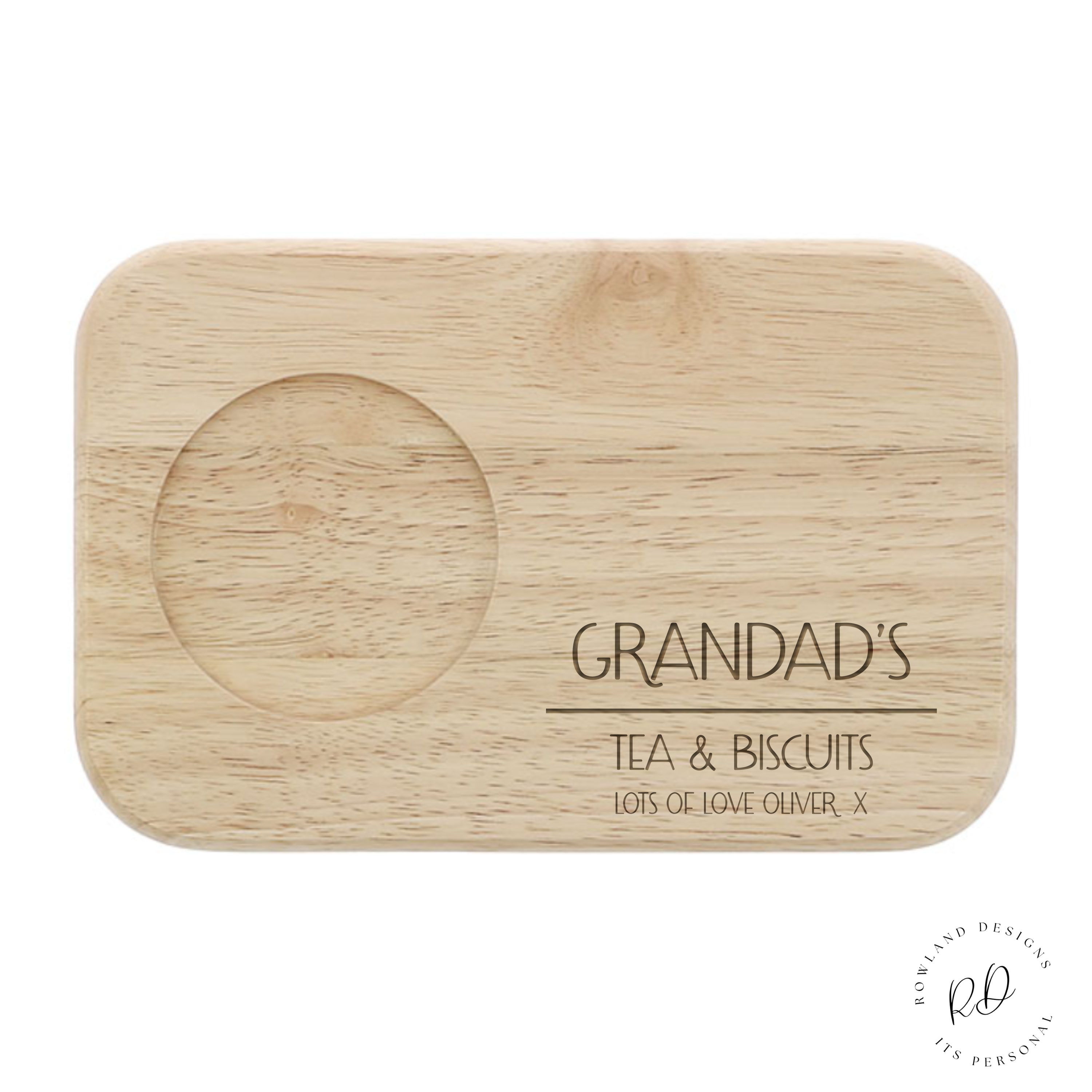 A wooden tea and biscuit board with a slot for a mug or cup, designed for grandad's enjoyment. Personalised engraving adds a special touch to this functional and thoughtful gift.