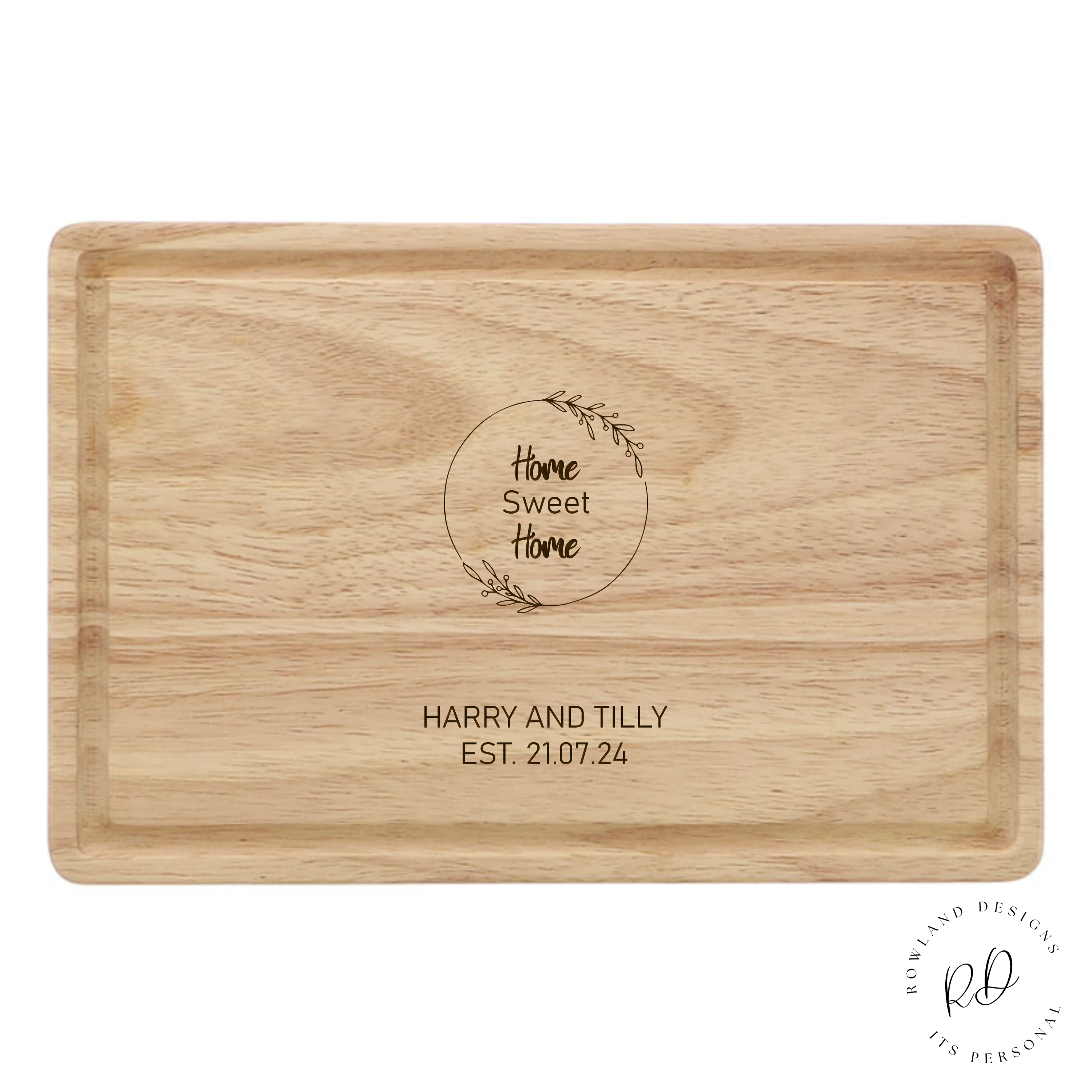 Wooden chopping board engraved with 'Home Sweet Home', perfect for new homeowners. Combines functionality with sentimental value, crafted from durable, high-quality wood. personalise with two lines of text at bottom 