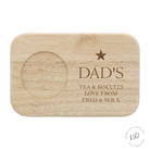 Image of a Personalised Tea & Biscuit Board for Dad, made from durable wood with an engraved custom message. Features a built-in cup holder and space for biscuits, ideal for enhancing tea or coffee moments.