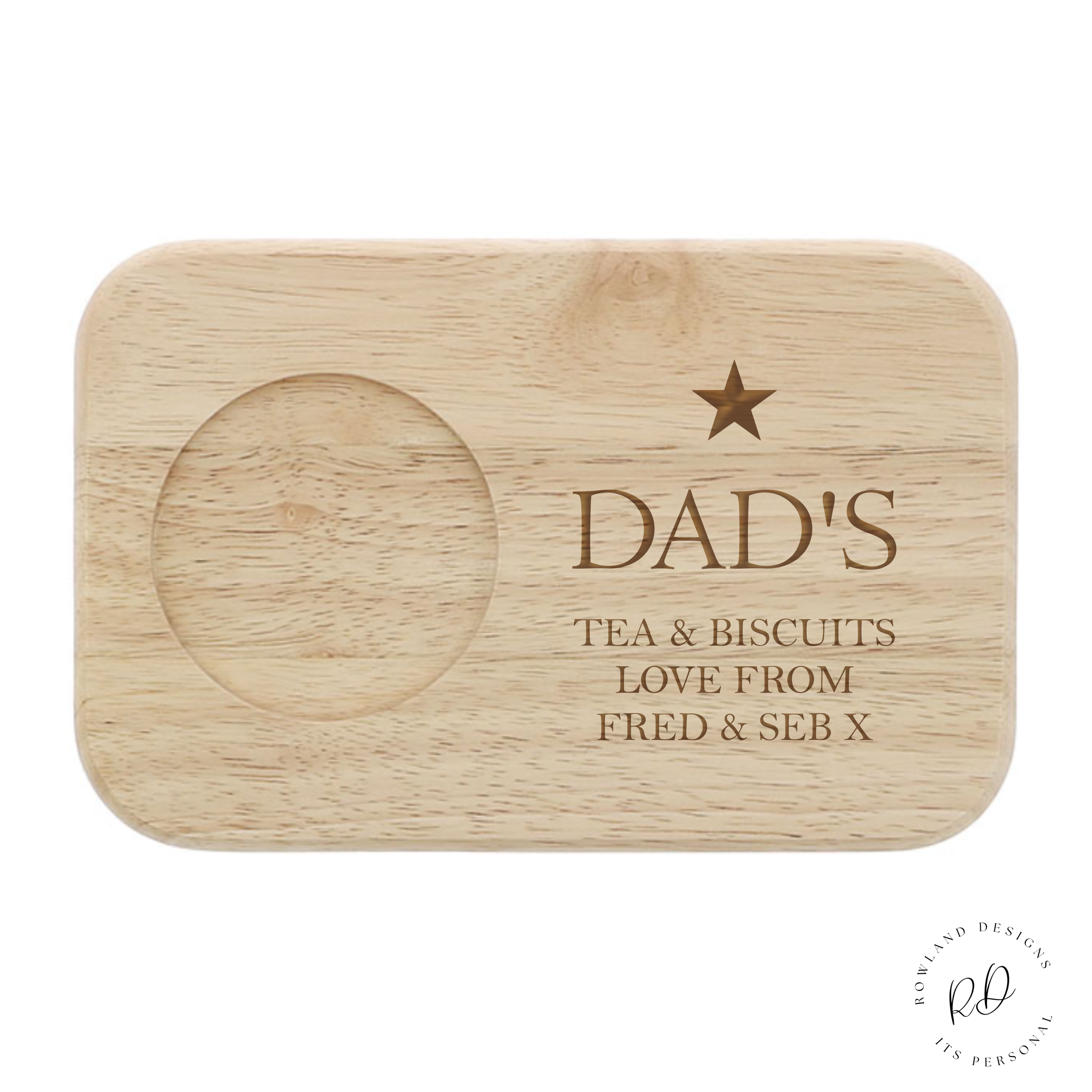 Image of a Personalised Tea & Biscuit Board for Dad, made from durable wood with an engraved custom message. Features a built-in cup holder and space for biscuits, ideal for enhancing tea or coffee moments.