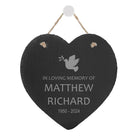 Personalised 'In Loving Memory' Slate Heart. Handcrafted slate heart with customisable name, surname, and date, each up to 12 characters. Unique natural variations in the slate make each piece one-of-a-kind. Ideal for memorials and remembrances.