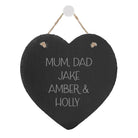 A rustic heart-shaped slate plaque with a natural string for hanging, featuring a charming, natural design. The plaque provides space for up to five lines of personalised engraved text, making it an ideal gift for various occasions such as birthdays, anniversaries, housewarmings, and christenings.