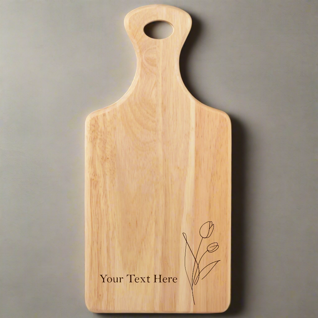 Personalised Tulip Engraved Serving Board with a tulip design on premium wood, perfect for gifting on special occasions like birthdays, Mother's Day,  and housewarmings.