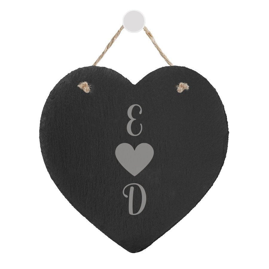 Engraved Large Heart Slate Keepsake - Love Initials - A heart-shaped slate ornament featuring engraved initials . It includes a string for hanging and a sweetheart motif in the center.