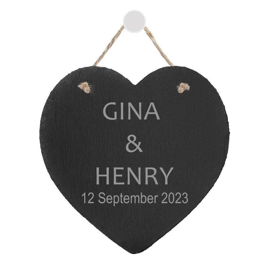 Personalised Rustic Slate Heart for Couples - Customisable Heart-Shaped Decoration for Weddings, Anniversaries, or Housewarmings. Unique natural slate with expert engraving and rustic string.