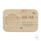 Image of a Personalised Tea & Biscuit Board, beautifully crafted from durable wood with an engraved custom message. Designed to enhance relaxing tea or coffee moments, featuring a slot for a hot drink and ample space for biscuits or snacks.