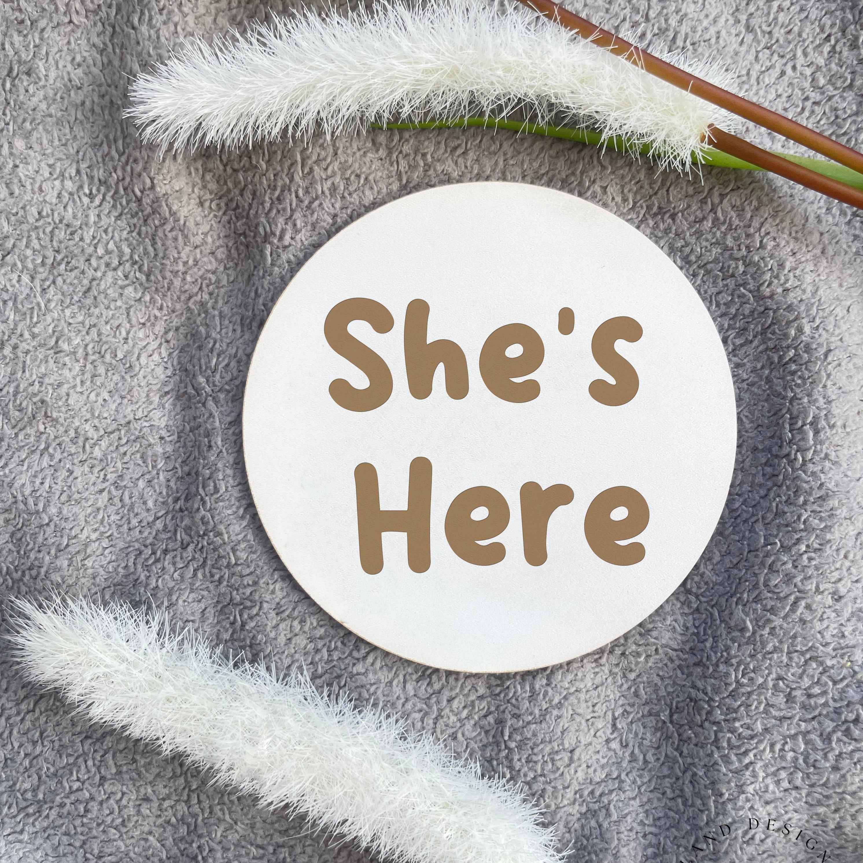 Welcome new life with our elegant 'He's Here, She's Here' baby announcement plaque, made from durable oak veneer or white MDF 4mm for cherished memories.