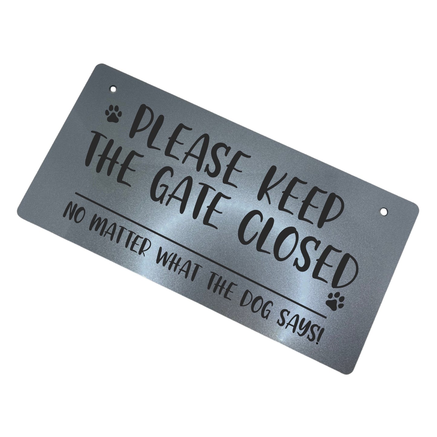 "Weatherproof and Fade-Resistant 'Please Keep the Gate Closed' Sign" Description: An outdoor view of the sign, highlighting its weatherproof and fade-resistant features. The laser-engraved text and paw print design remain intact, even in harsh weather conditions.