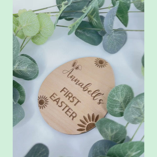  Personalise your plaque with your baby's name. At the top of this product it says your baby's name with first easter after, this is a egg shaped wooden cherry veneer 4mm, SIZE: 107mm X 87mm (approx) . This would make the perfect first gift for new parents. A beautiful addition to any baby photographs.Easter style gift.